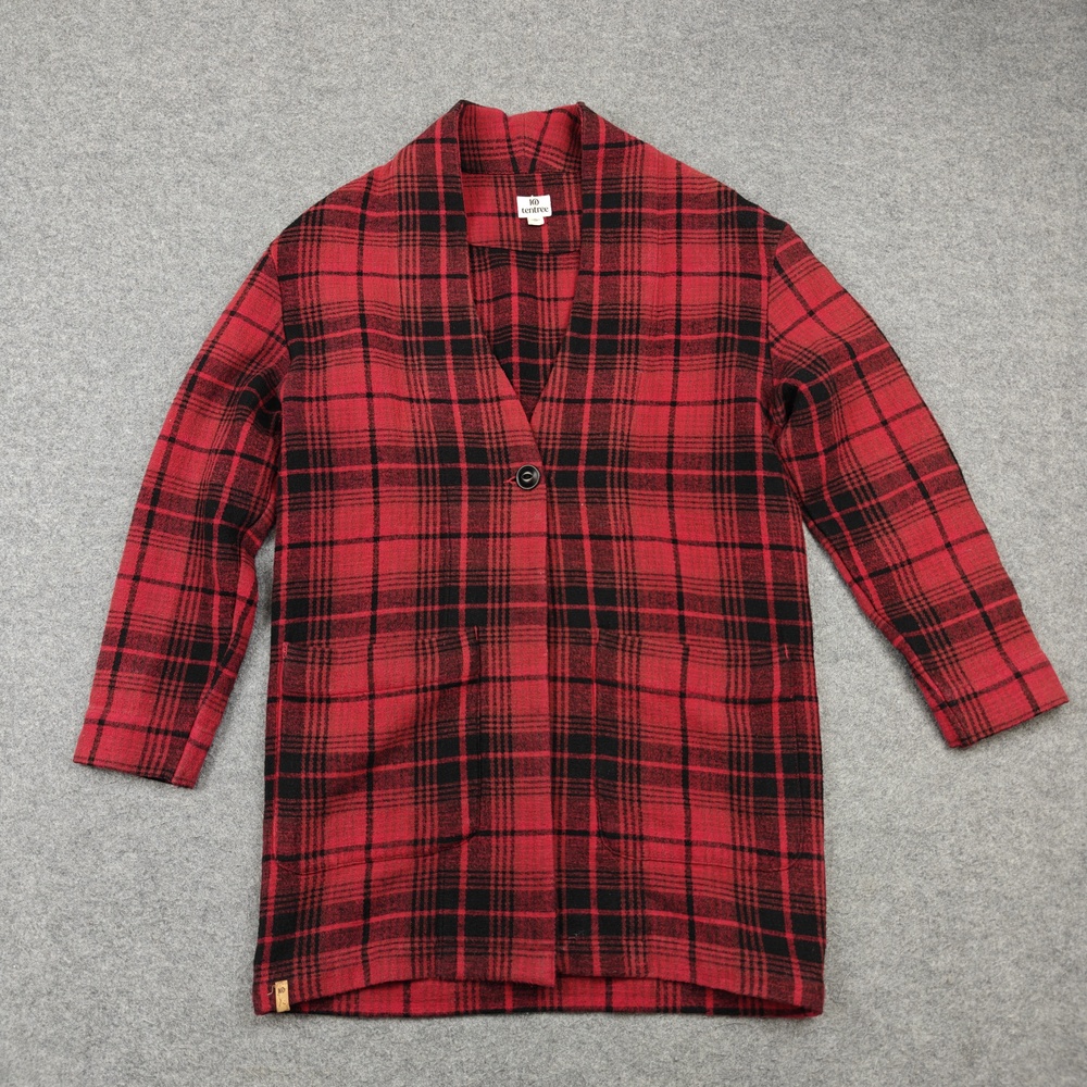 Tentree Coatigan Womens Small Red Plaid Knit Collared Pockets Button Mid-Length